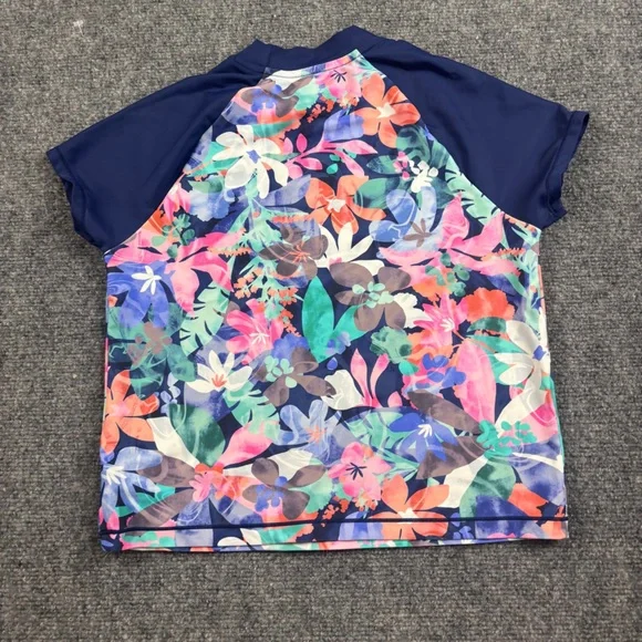 ATHLETA GIRL Mock Neck Rashguard Short Sleeve Blue Floral Swim Shirt size: Large - Picture 2 of 6
